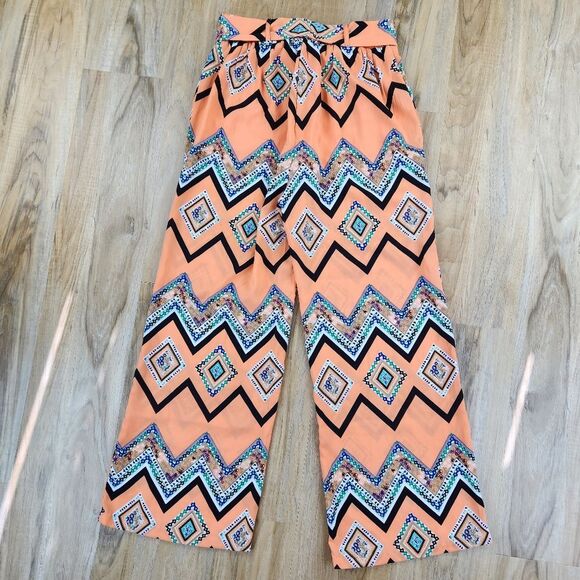 🍑Takara Peach & Multicolored Chevron Print Palazzo Pants Small - Picture 3 of 10
